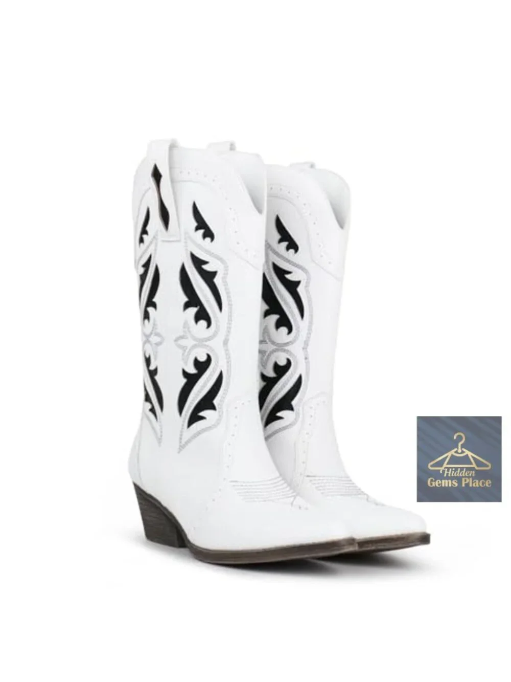 Embroidered Mid Calf Cowboy Boots Pointed Toe Chunky Block Heel Pull On Western